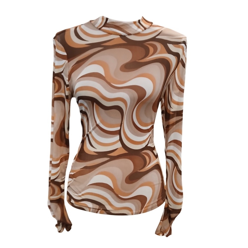 Willow-Root Brown Psychedelic Swirl Mesh Mock Neck Top Womens Medium Retro 70s